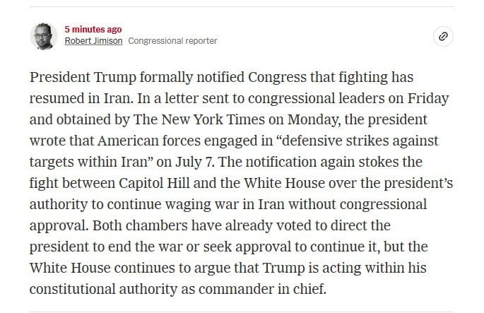 🚨🚨 نیویورک تایمز: ترامپ رسماً کنگره را از سرگیری جنگ علیه ایران مطلع کرد‼️ @nownews