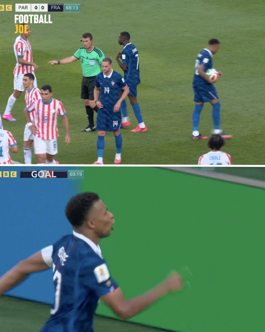 Paraguay attempt all sorts of skulduggery before Kylian Mbappe takes the penalty. Scuffing up the spot. Surrounding t...