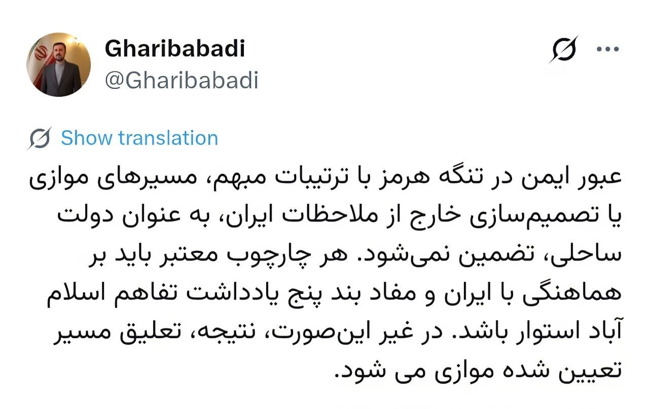 پیام هشدارآمیز معاون وزیر خارجه درباره عبور از تنگه هرمز
کاظم غریبآبادی، معاون حقوقی و بینالمللی وزارت امور خارجه:...