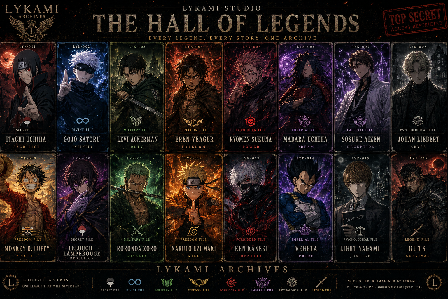 THE HALL OF LEGENDS Itachi — Sacrifice Gojo — Infinity Levi — Duty Eren — Freedom Sukuna — Power Madara — Dream Aizen...