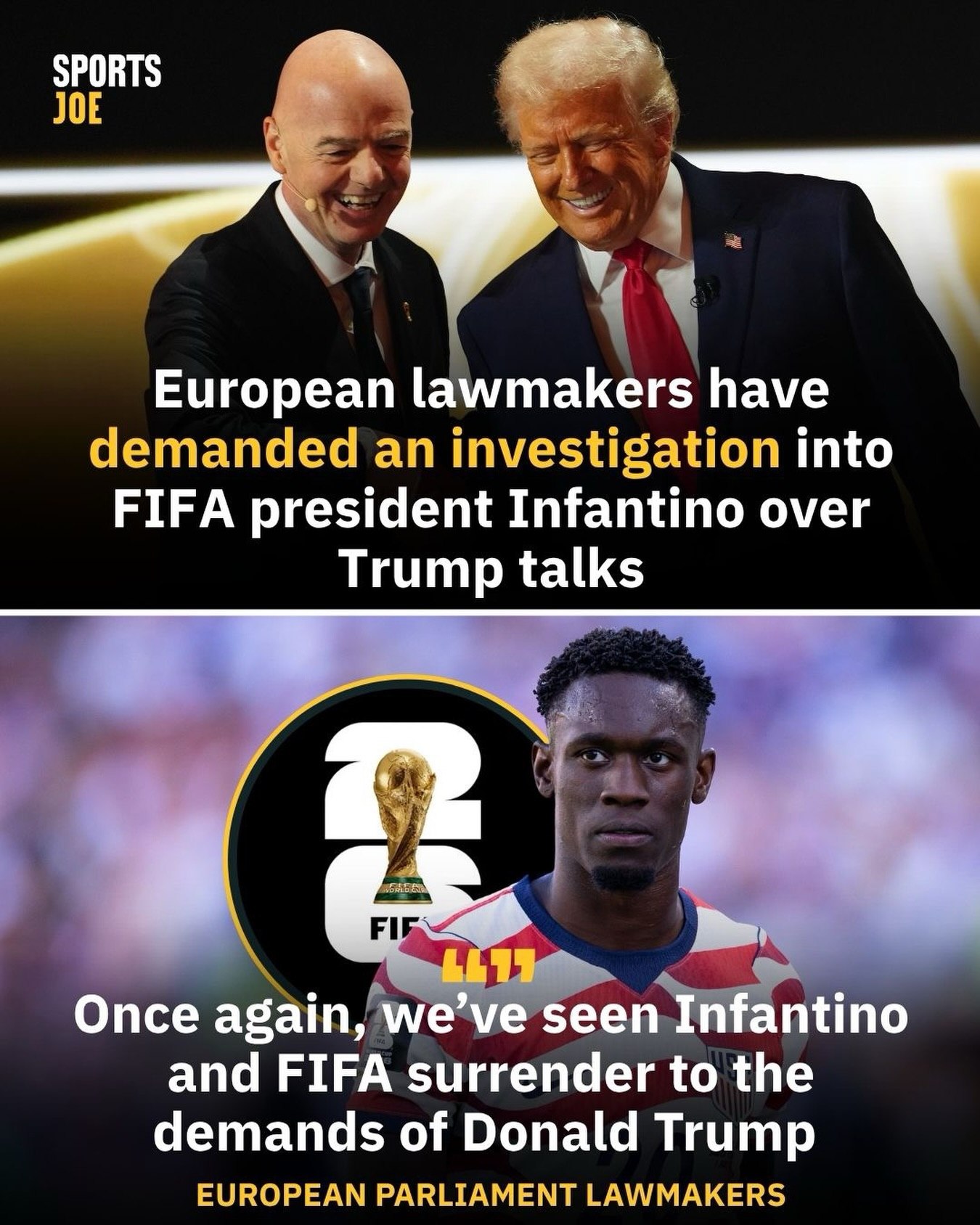 European lawmakers are demanding an investigation into Gianni Infantino over his reported contact with Donald Trump d...