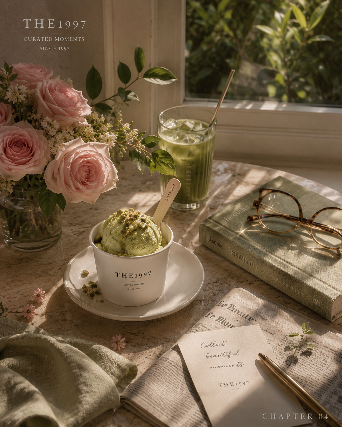 Chapter 04 Bloom in Silence. 🌿🍨🌸 #THE1997 #CuratedMoments #BloomInSilence #QuietLuxury #MatchaMood #PistachioIceCr...