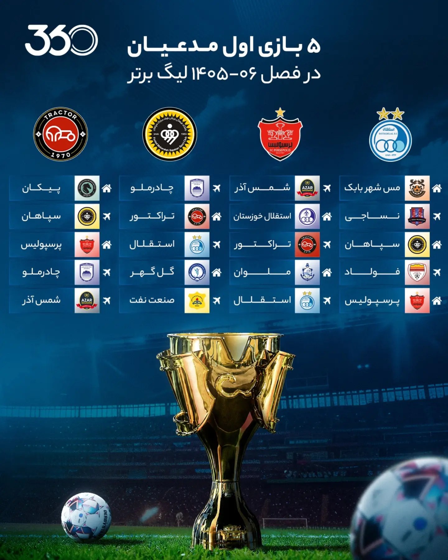  📅 5️⃣ بازی اول مدعیان در لیگ ۲۶؛ جنگ از همان هفته دوم‼️ 🚨 نگاهی به برنامه بازیهای 5️⃣ هفته نخست 🔴 پرسپولیس، 🔵...