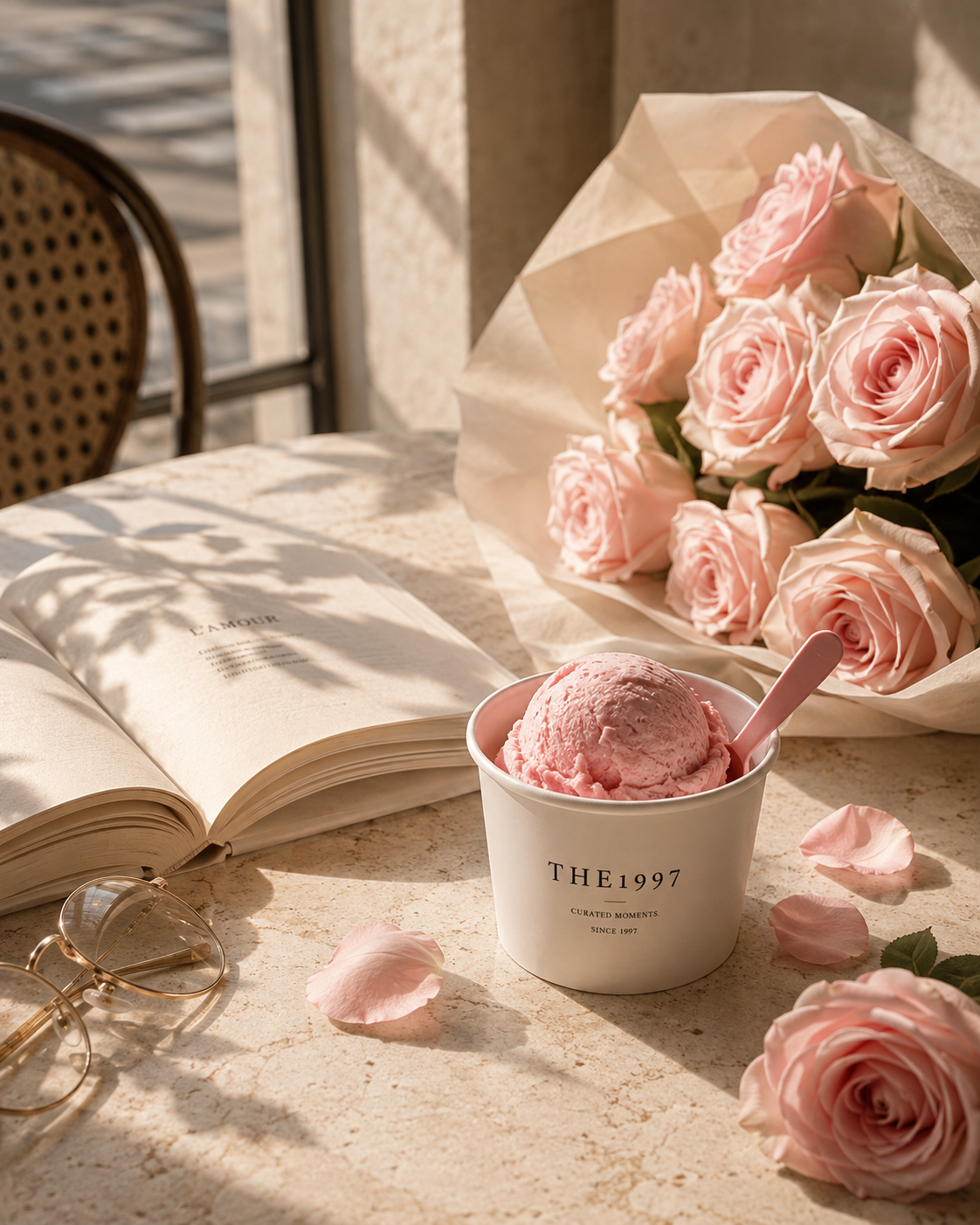 Soft light. Pink roses. Strawberry ice cream. Some moments don't need a reason. They just need to be lived. — THE1997...