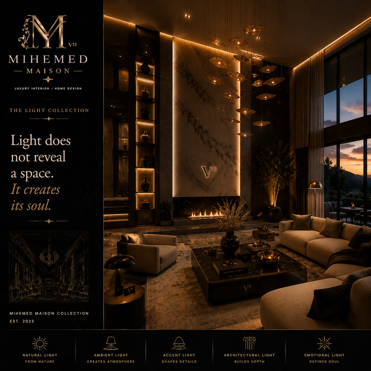 MIHEMED MAISON — THE LIGHT COLLECTION نور فقط یک عنصر در طراحی نیست؛ روحی است که به فضا معنا می‌بخشد. یک فضای ماندگار...