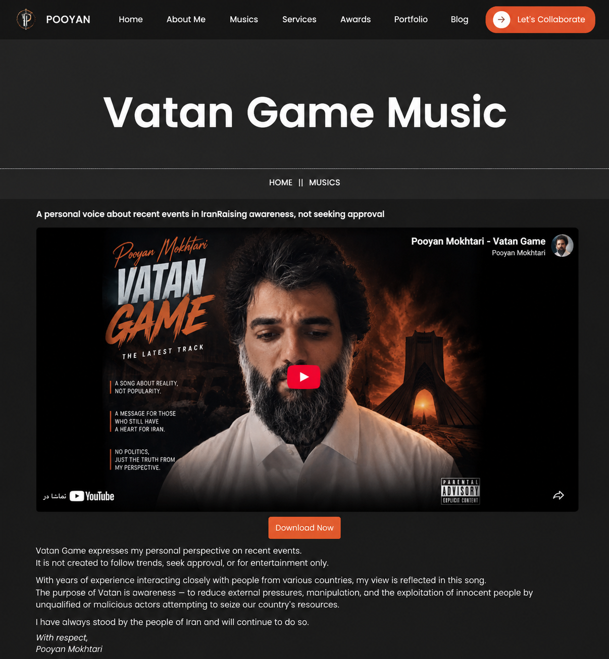 ترک «Vatan Gme » از پویان مختاری یک قطعه رپ با فضای اجتماعی–سیاسی است که طبق توضیح رسمی منتشرکننده، دیدگاه شخصی او در...